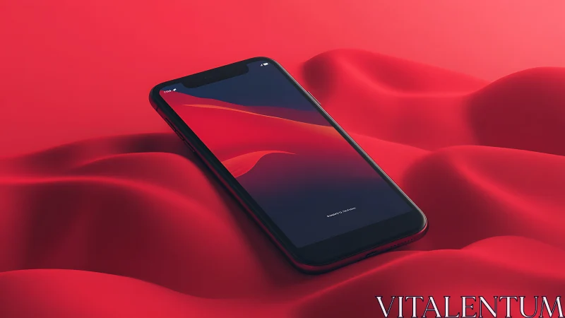 Smartphone on red sculpted fabric with abstract display graphic.