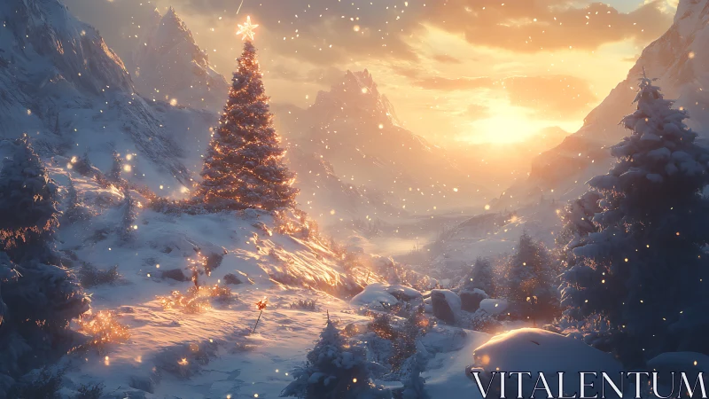 Glowing Christmas tree crowns a tranquil snowy mountain valley