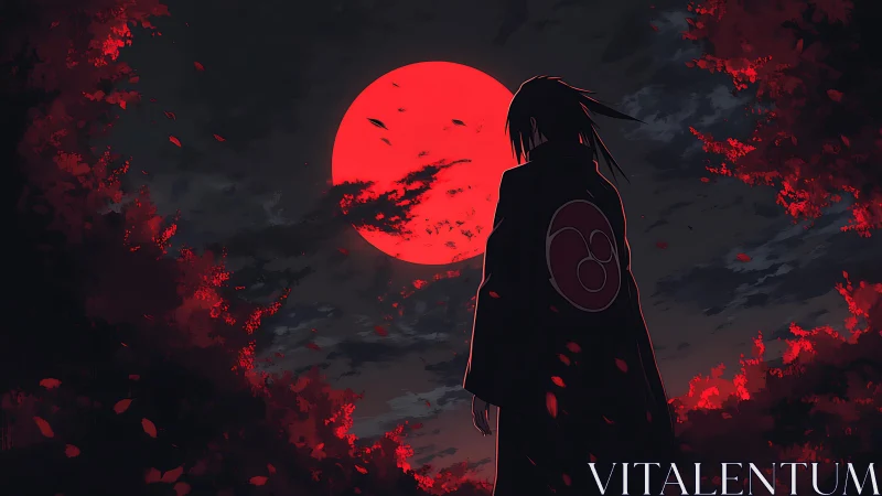 Crimson moon crowns a lone wanderer in whispering leaves