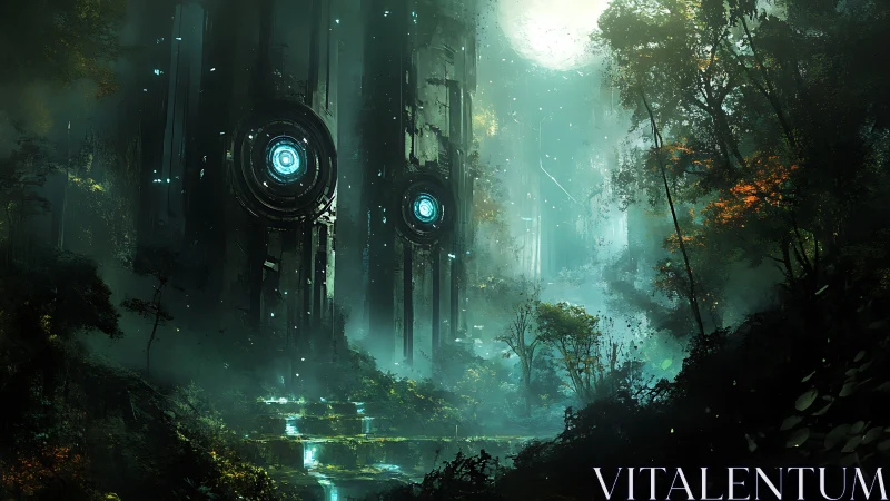 Cyberpunk monoliths in luminous overgrown forest ruins.