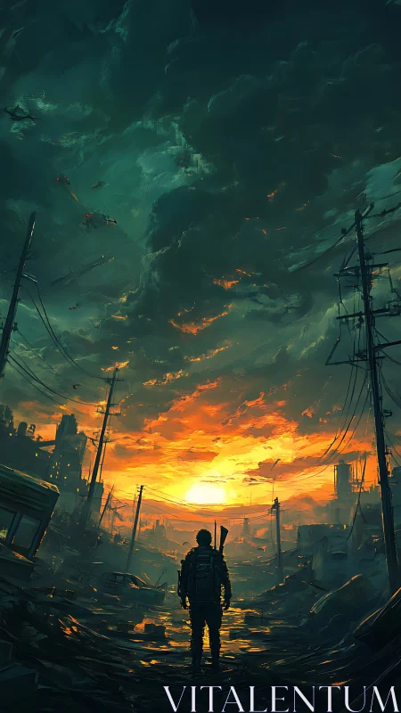 Solitary survivor studies ruined city under infernal sunset sky