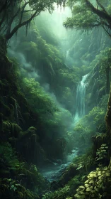 Misty Jungle Canyon with Cascading Waterfalls and Lush Greenery