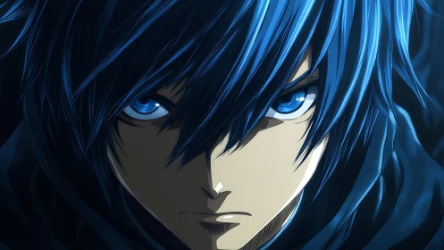 Intense blue haired anime hero meets the viewer’s steady gaze