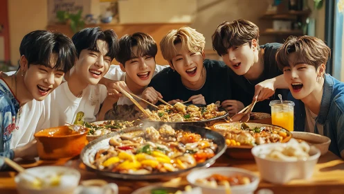 Joyful friends share a colorful Korean feast at sunset light