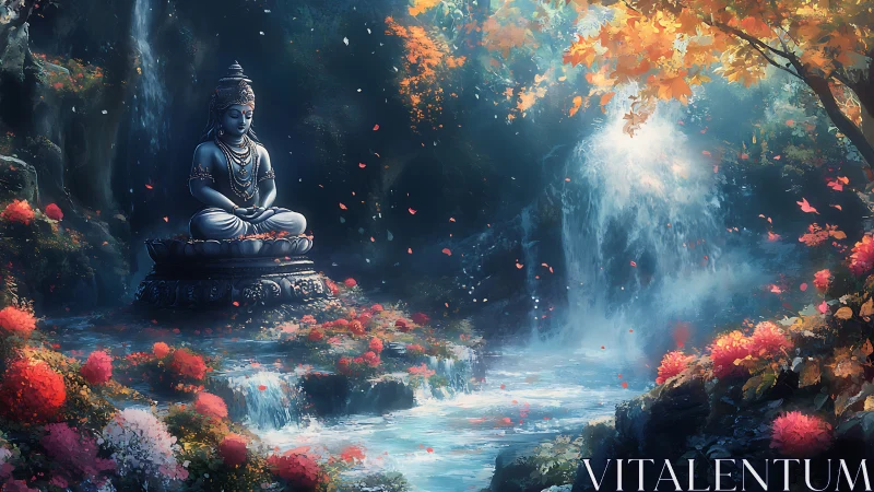 Serene Buddha statue beside luminous autumn waterfall