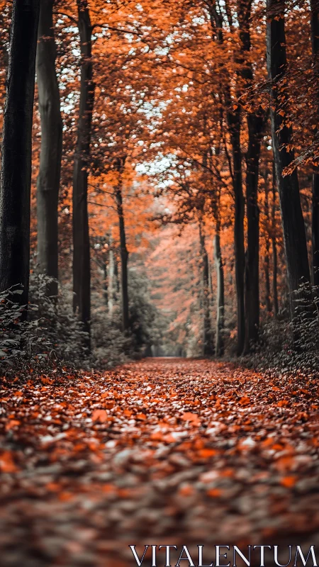 Forest pathway luminous with autumn foliage.