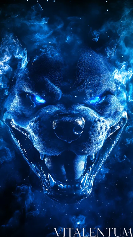 Blue spectral wolf head rendered as glowing digital portrait