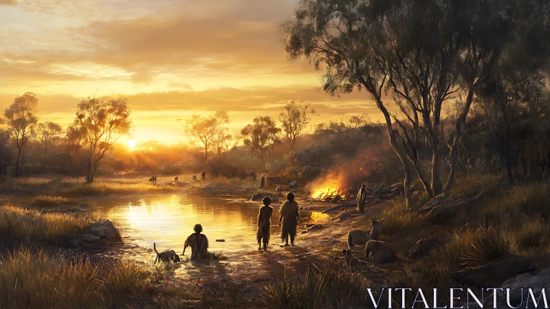 Golden campfire evening by a peaceful riverside glow.