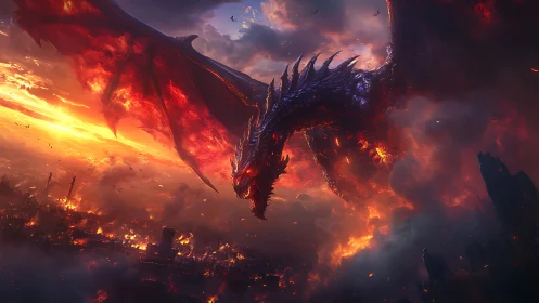 Volcanic wyvern over thermally devastated twilight metropolis.