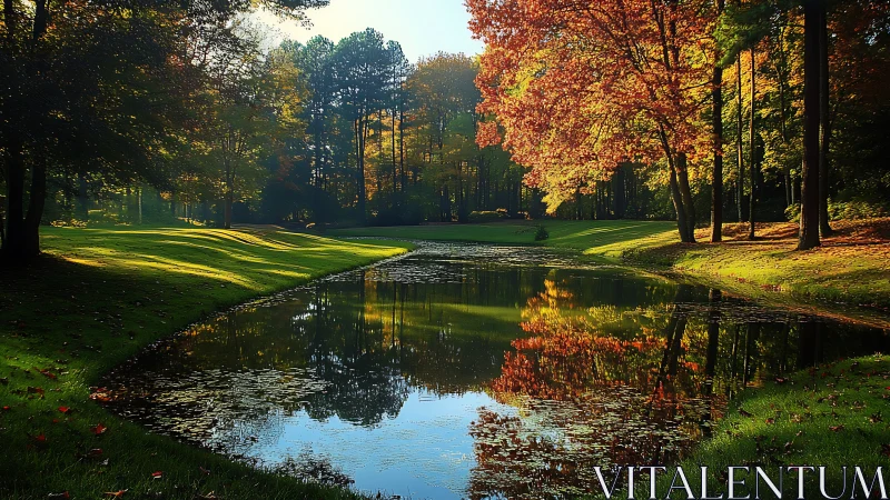 Quiet autumn pond cradled by glowing trees and soft light.