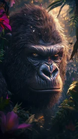 Powerful jungle gorilla gazes calmly through glowing foliage