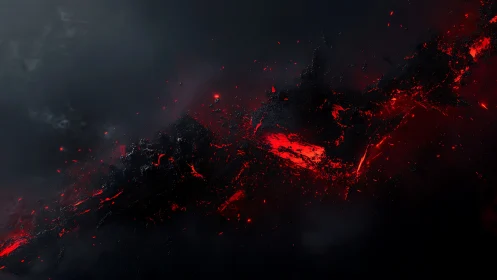Dark abstract lava shards amid dense black smoke.