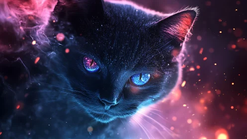Stylized cat portrait with luminescent features against dark background