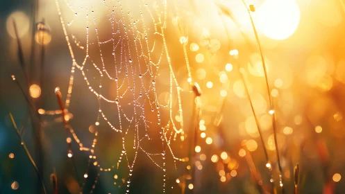 Macro cobweb strands with dew droplets under backlit sunrise bokeh