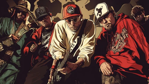 Low-angle stylized hip-hop band portrait with vector cell-shaded shading