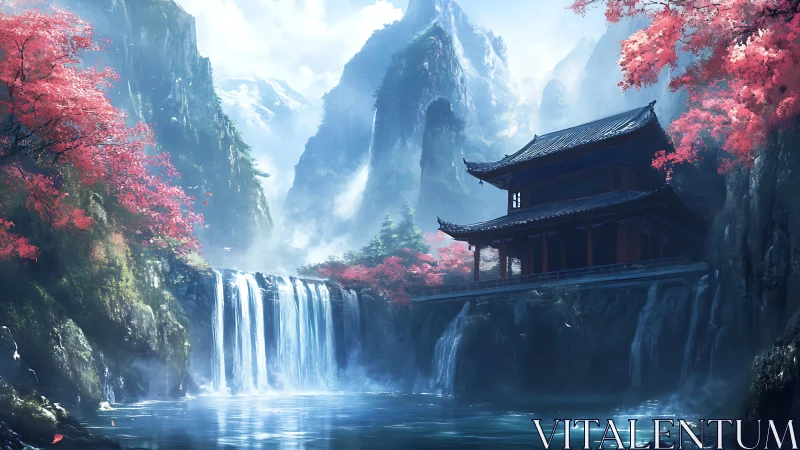 Tranquil red pagoda nestles by waterfalls in misty mountains