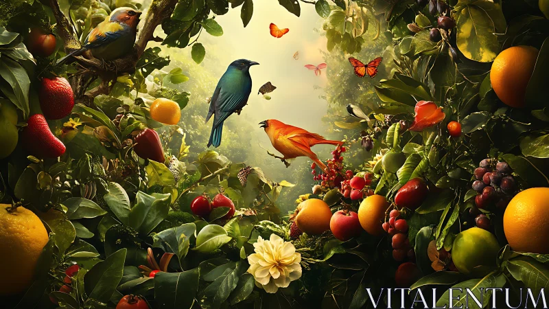 Colorful birds among ripe fruit in dense tropical foliage.