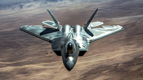 Photoreal jet fighter in dynamic frontal aerial perspective.