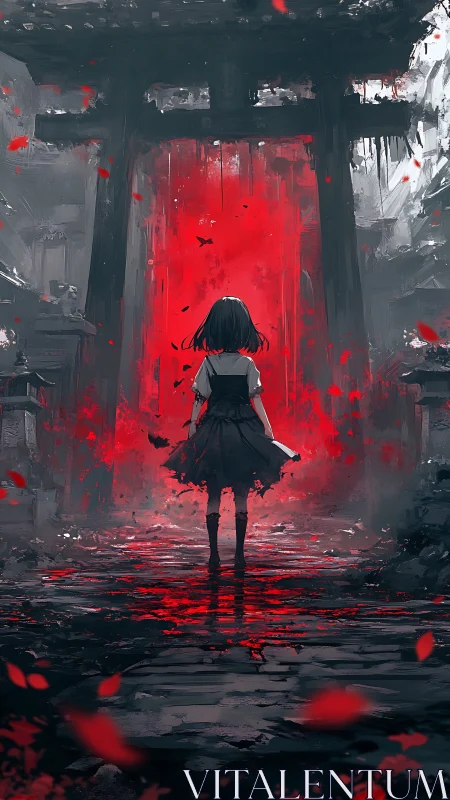 Cinematic anime illustration of girl at crimson torii gate.