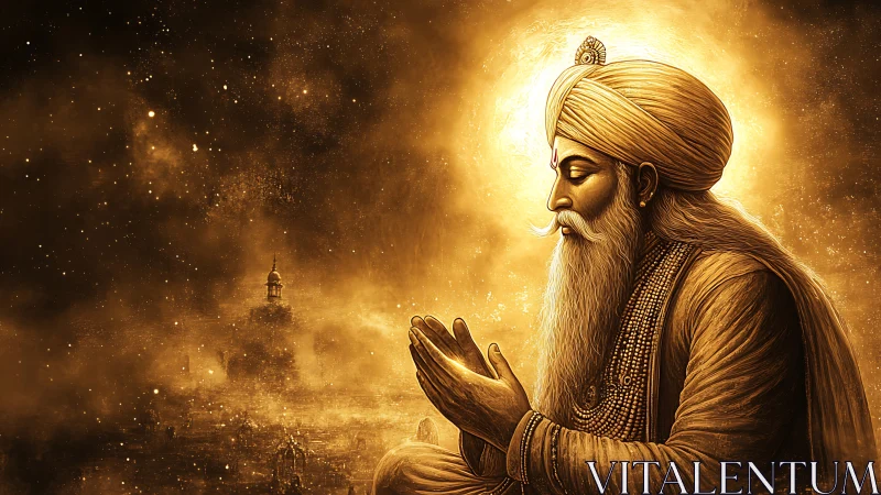 Golden devotional portrait in radiant spiritual chiaroscuro.