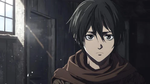 Serious anime boy in worn interior with cold light.