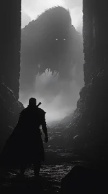 Lone warrior confronts colossal mist-shrouded monster silhouette