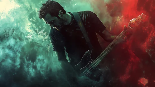 Guitarist immersed in cosmic red and teal stage clouds.