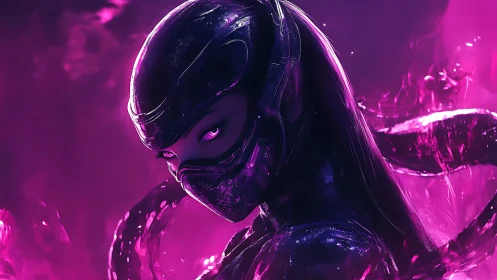 Cyberpunk assassin portrait in neon magenta vapor field.