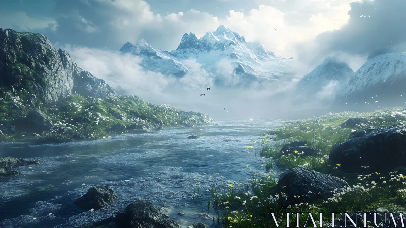 Snowcapped mountains rise over a tranquil, misty river valley