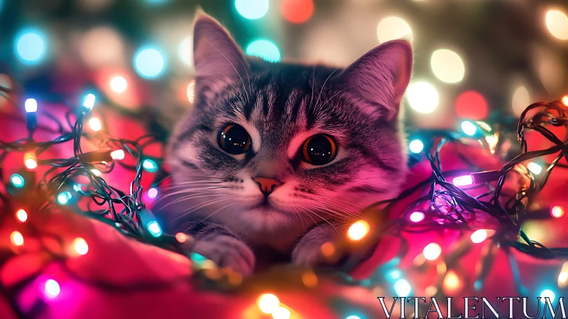 Glowing Cat Surrounded by Colorful Christmas Lights.