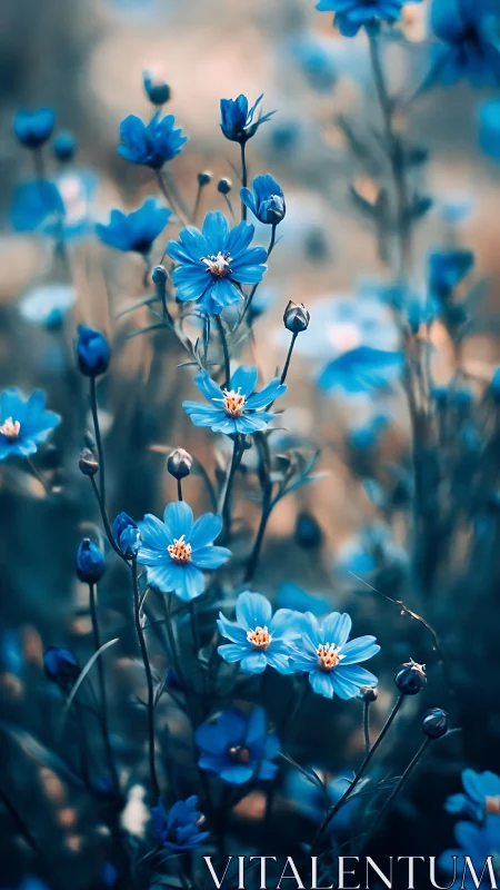 Selective Focus Blue Cosmos Field with Bokeh Depth.