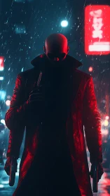 Bald figure with pistols stands in neon city rain at night