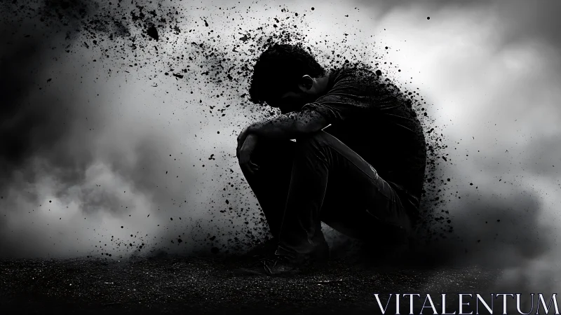 Crouched human silhouette disintegrating into particulate shadows.