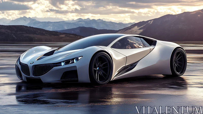 Futuristic silver BMW supercar on reflective lakeside plain.