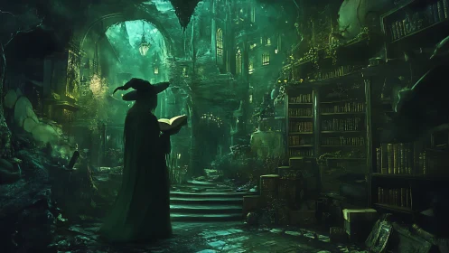 Mystic witch studies spellbook in ancient green library.