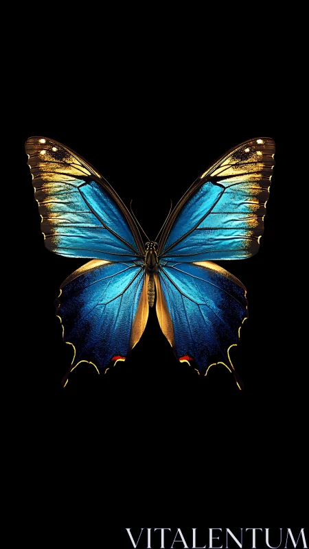 Blue morpho butterfly spreads iridescent wings on black