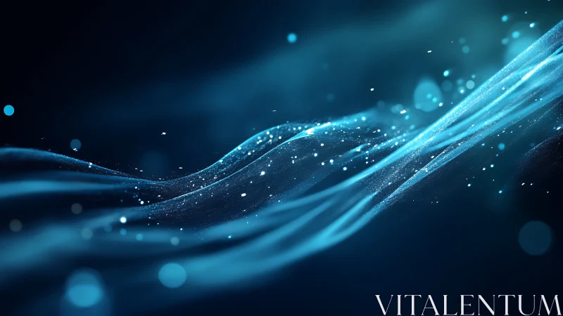 Dynamic blue particle waves rendered with depth-of-field bokeh effects