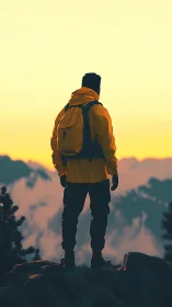 Solitary hiker in yellow shell overlooking misty alpine valley
