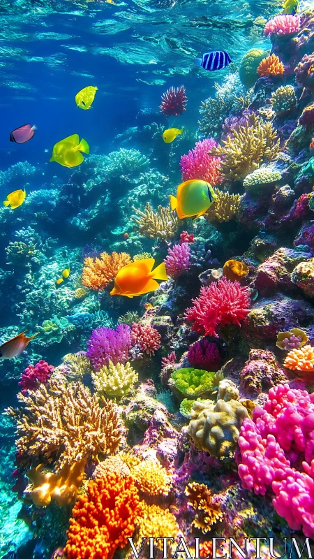 High-saturation coral reef scene with tropical fish in clear water