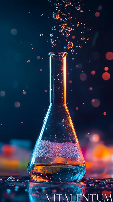 Laboratory flask under neon bokeh lighting captures rising bubbles