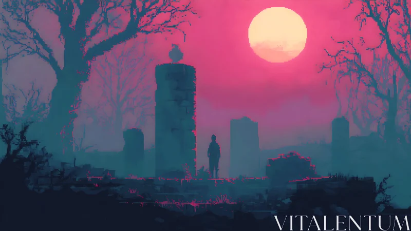 Solitary figure in pixel graveyard under neon sunset.