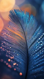 Iridescent feather macro with dew droplets and bokeh glow.