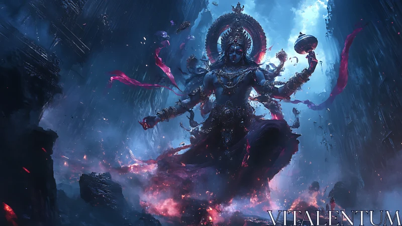 Mythic multi-armed deity amid blue fire and ruins.