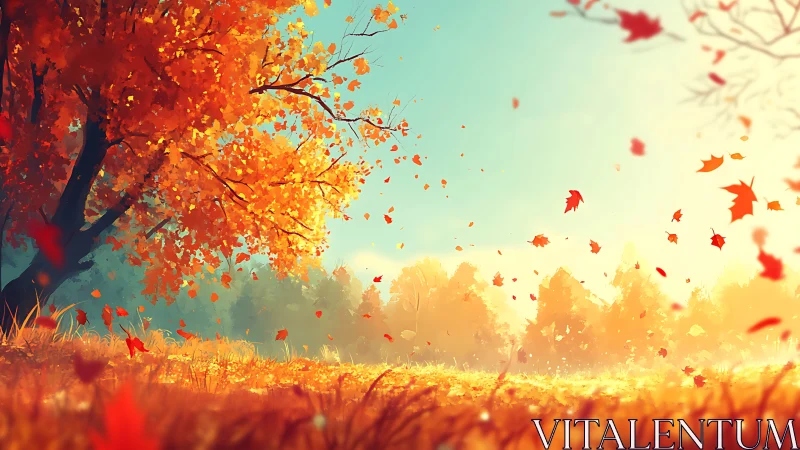 Golden autumn tree sheds glowing leaves into warm sky