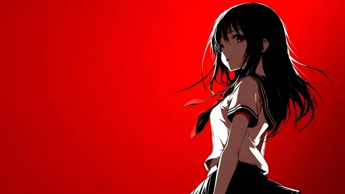 High-contrast anime profile with red negative space and cel shading