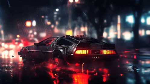 Retro-styled sports car on wet neon city street at night.