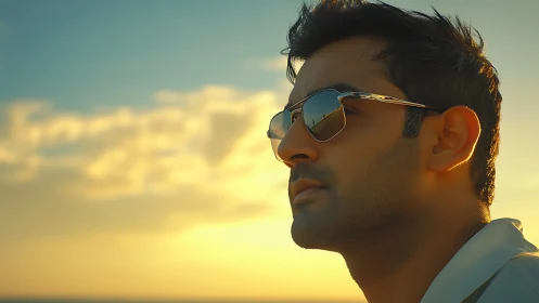 Sunlit profile portrait with reflective aviator sunglasses.