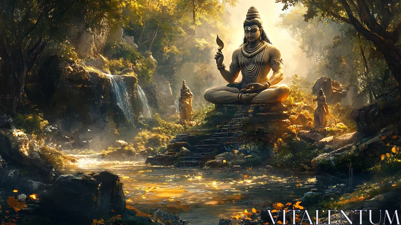 Luminescent river shrine and monumental meditative deity figure.