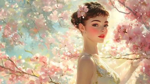 Softly lit portrait among impressionistic cherry blossom bokeh