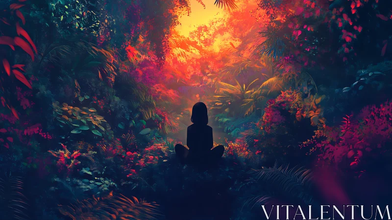 Quiet silhouette drinks sunrise fire in neon jungle heart